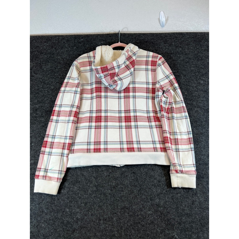 Aeropostale Plaid Faux Fur Lined Full Zip Up Hoodie Red Cream Womens XL - Picture 9 of 9